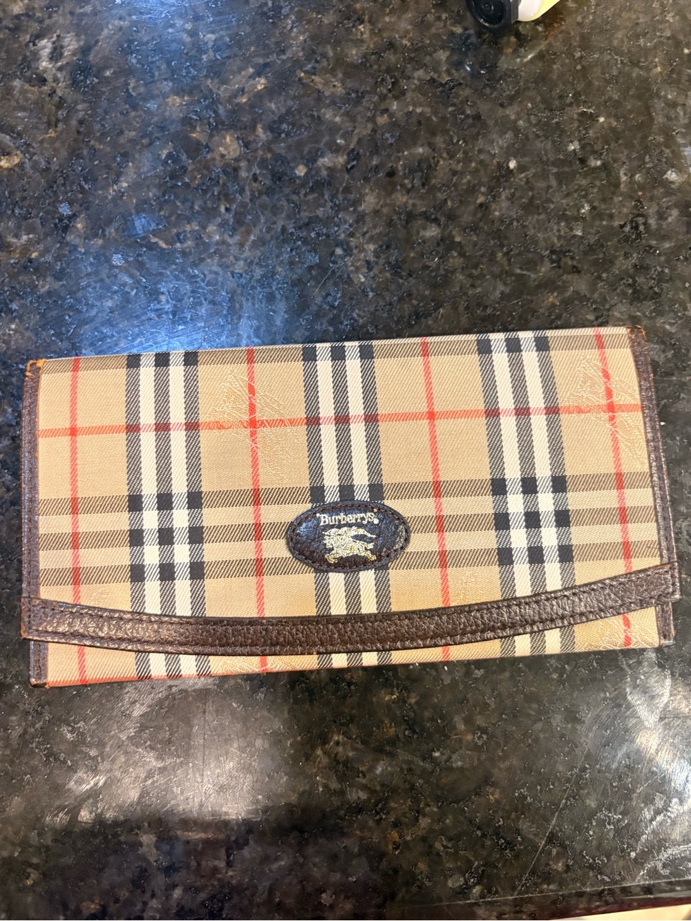 Burberry Tan Plaid Fold-Over Wallet with Brown Trim and Red Accents